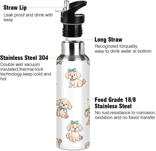 Miniatura 3 de Cute Cartoon Dogs White Insulated Stainless Steel Water Bottle with Straw 20 Oz Leakproof Water Bottles, BPA-Free Sports Water Bottle with Straw