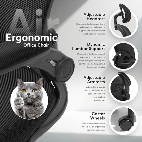 Miniatura 4 de Oline ErgoAir - Silla ergonómica de oficina, soporte lumbar ajustable, reposabrazos abatibles, silla de escritorio de malla para computadora, silla