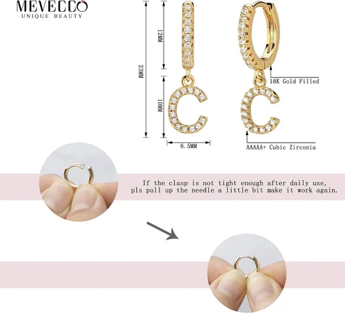 Miniatura 6 de Mevecco Aretes de aro de oro delicado de 18 quilates con circonita cúbica en pavé con iniciales A-Z de 26 letras personalizadas, diminutas colgantes