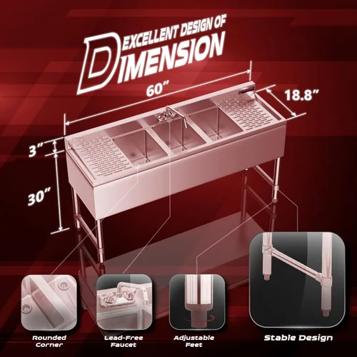 Miniatura 2 de DuraSteel Fregadero de 3 Compartimentos Bajo Barra - CEC y NSF 304 Acero Inoxidable Fregadero Utilitario de 3 Bahías con Grifo Sin Plomo - 60" L x