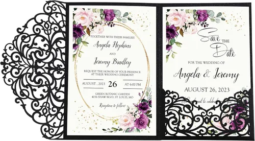 DORIS HOME 50 piezas de color negro personalizado 4.7 x 7 pulgadas kits de invitación de boda corte láser rosa hueco bolsillo invitaciones de boda