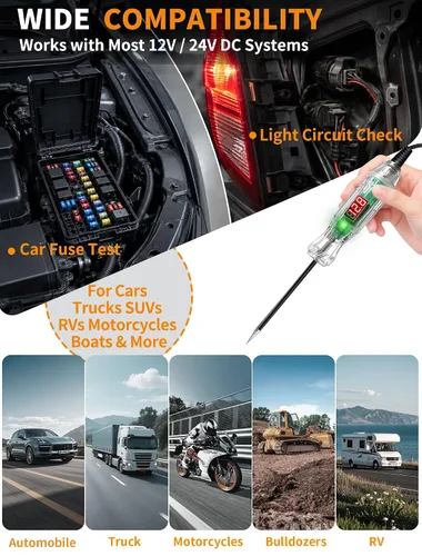 Miniatura 6 de Luz de prueba automotriz, probador de fusibles de automóvil, probador de voltaje digital LED de 3-70 V con voltímetro, indicador de polaridad