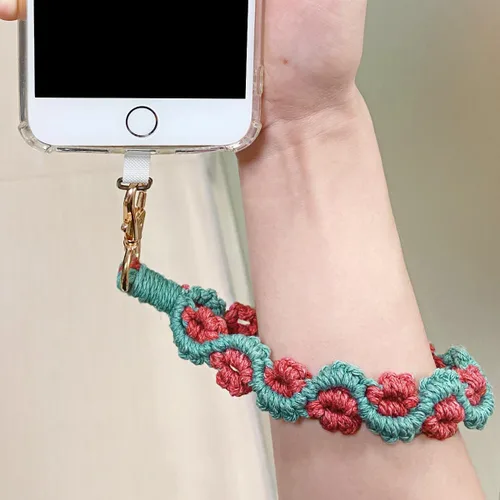 Miniatura 3 de Correa de muñeca bohemia de macramé para teléfono, cordón para teléfono celular con pestaña de amarre, dije de llavero, cadena de teléfono Flores