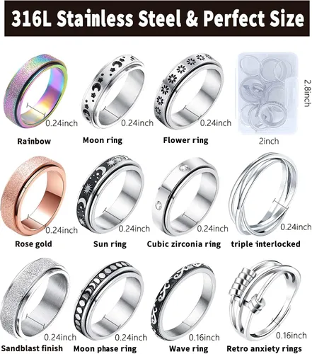 Miniatura 5 de Spinner Ring for Anxiety 8pcs Stainless Steel Fidget Rings Anti Anxiety Ring Spinning Moon Star Cool Stress Relieving Rings for Women Men Teens Girls