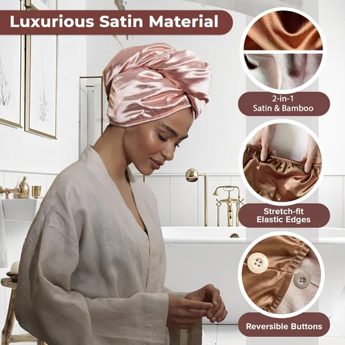 Miniatura 2 de Toalla de satén para el cabello, toalla turbante de doble capa para mujer, toalla de secado de cabello satinado para cabello rizado (bronce)