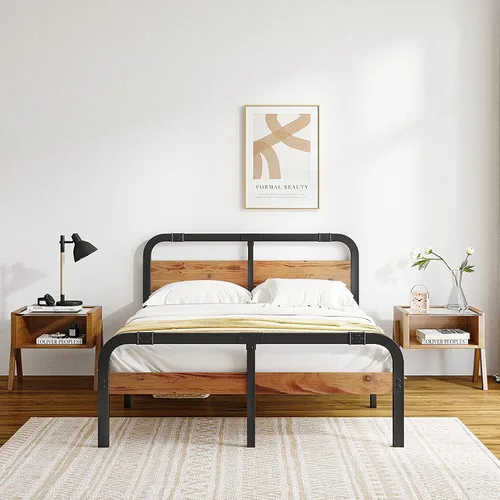 Miniatura 5 de ZIYOO Marco de cama de metal de estilo industrial con cabecera y estribo de madera maciza, listones de acero de alta resistencia de 14 pulgadas que