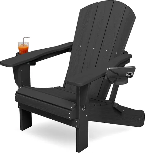KINGYES Silla plegable Adirondack con portavasos dobles - Sillas de exterior de HDPE para todo clima, silla de patio tipo madera para el patio Negro