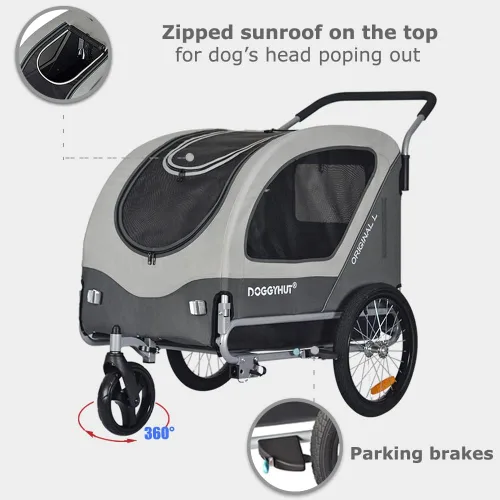 Miniatura 2 de Doggyhut Remolque y cochecito de bicicleta para mascotas grandes originales 2 en 1, para perros de hasta 78 libras, frenos de estacionamiento, marco