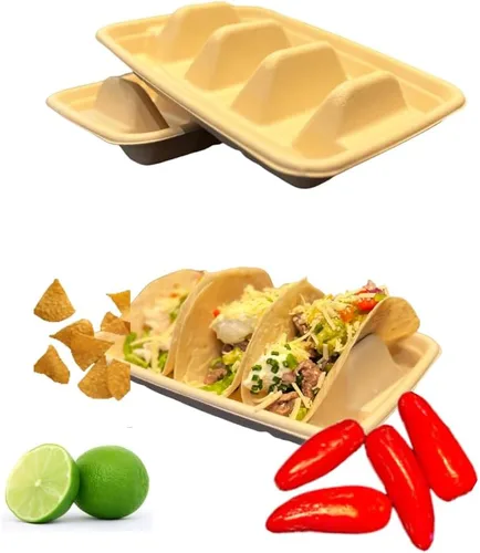 Soporte desechable para tacos - Paquete de 25 platos biodegradables para tacos, kit de tacos, suministros para fiestas de tacos, bandeja de tacos,