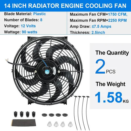 Miniatura 2 de 2 piezas, ventilador eléctrico universal delgado de alto rendimiento, tire/empuje, 10 pulgadas, 12V 80W, kit de montaje, negro