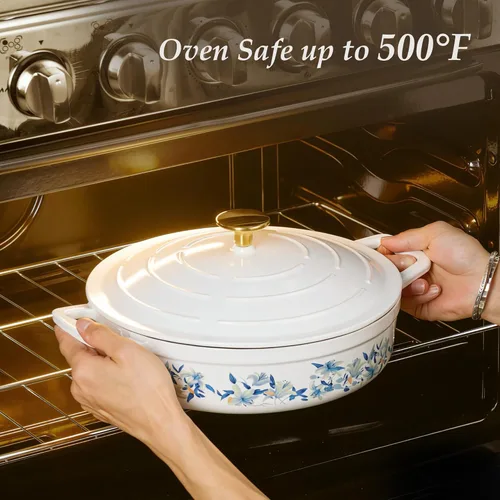 Miniatura 4 de CAROTE Sartén de hierro fundido esmaltado de 3.5 cuartos de galón, sartenes florales poco profundas para horno holandés, olla de hierro fundido