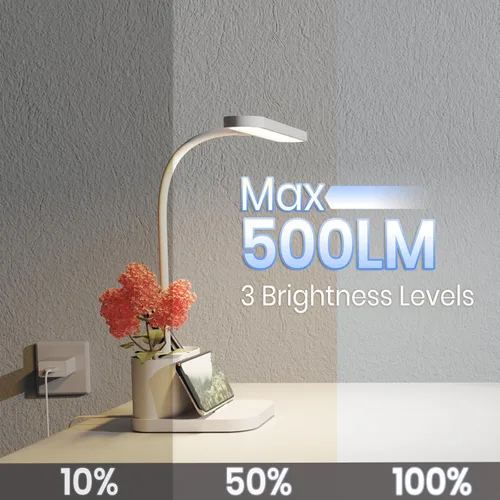 Miniatura 3 de AXX Lámpara de Escritorio Blanca para Dormitorio Universitario, Bonita, LED, Regulable, Pequeña, Portabolígrafos, Cuello de Ganso Flexible, Control