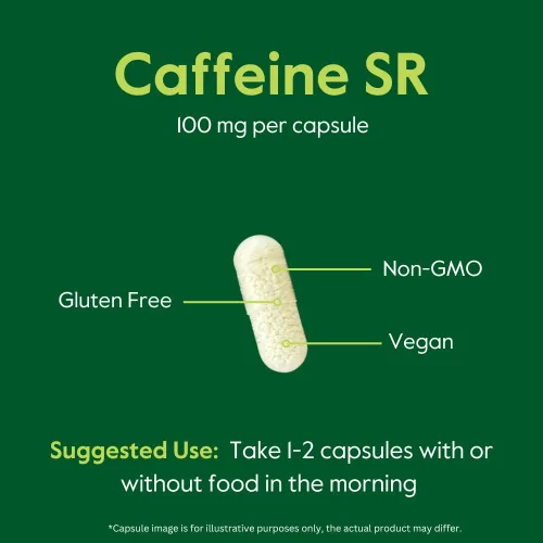 Miniatura 5 de BESTVITE Cafeína 100 mg SR (120 cápsulas vegetarianas) - Liberación sostenida - Vegana - Sin OMG - Sin gluten - Píldoras de cafeína natural