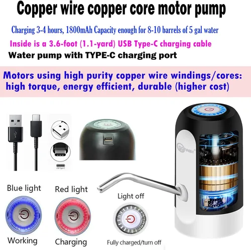 Miniatura 2 de CoolWAY Bomba de jarra de agua para botella de 5 galones, dispensador de carga eléctrico portátil USB-C, potente motor de herida de cobre, flujo