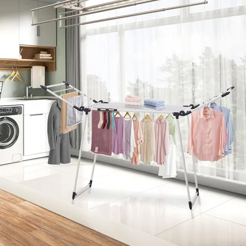 Miniatura 4 de Estante de secado de ropa, estante de lavandería Gullwing, plegable, ahorro de espacio, con clips para calcetines, para ropa, toallas, ropa de cama