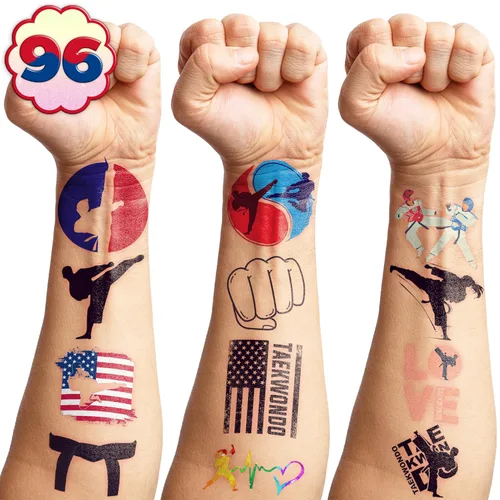 96 tatuajes temporales precortados de Taekwondo - Recuerdos de fiesta temática de karate y kung fu, lindos tatuajes falsos para niños, niños y