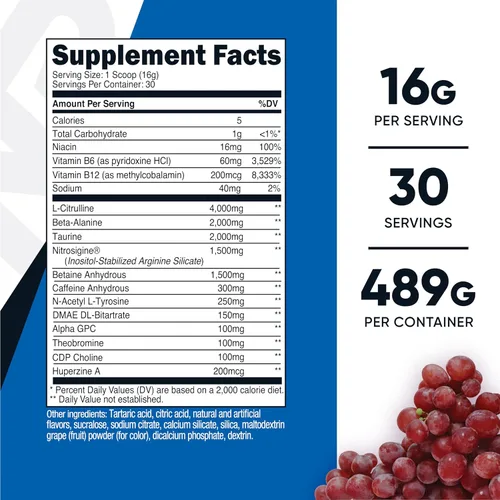 Miniatura 2 de Nutricost Pre-X, Complejo de polvo para pre-entrenamiento extremo, uva, 30 porciones, vegetariano, sin OMG y sin gluten