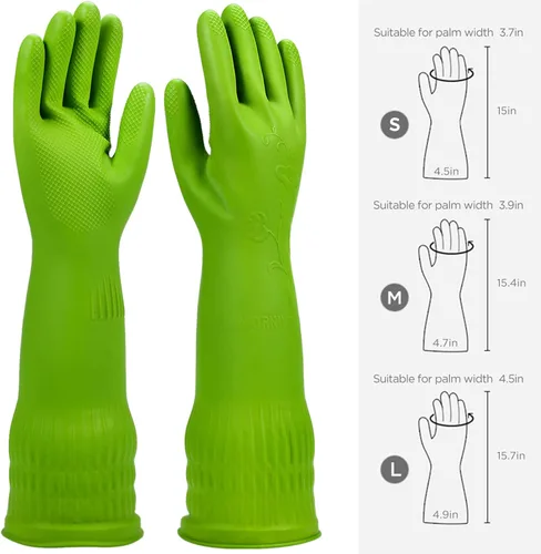 Miniatura 6 de Guantes para lavar platos 2 pares para cocina, guantes de limpieza de goma, guantes largos para lavar platos reutilizables. Verde