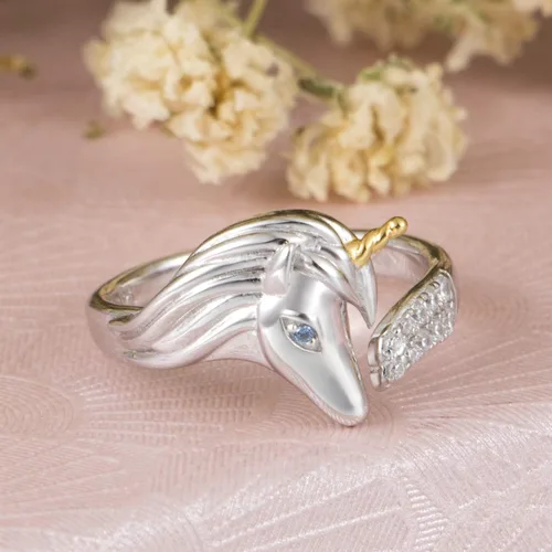 Miniatura 2 de ACJNA Anillo de plata de ley 925 con diseño de unicornio, ajustable, regalo para adolescentes y mujeres, fiesta de unicornio, Metal, Circonita cúbica