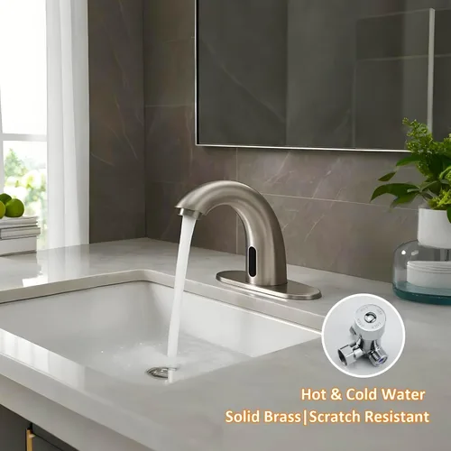 Miniatura 3 de Grifo de lavabo de baño sin contacto – Sensor de movimiento automático – Funciona con pilas para lavabo comercial, níquel cepillado