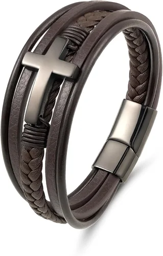 Miniatura 14 de Pulsera de cuero para hombre con cruz trenzada de varias capas con cierre de acero inoxidable, regalos religiosos cristianos para él