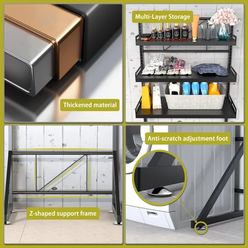 Miniatura 6 de Estante de almacenamiento para lavadora de 3 niveles de altura ajustable, organizador de almacenamiento grande para baño para ahorrar espacio (negro)
