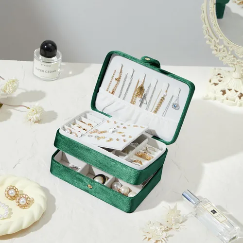 Miniatura 7 de BUTI4WLD Joyero pequeño de terciopelo para mujeres y niñas, estuche portátil de viaje de doble capa para anillos, colgantes, aretes, collares