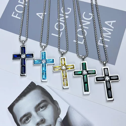 Miniatura 6 de Collar de cruz para hombre, piedras preciosas de color piedra natal de circonita cúbica, collar de acero inoxidable para hombre, cadena de 24