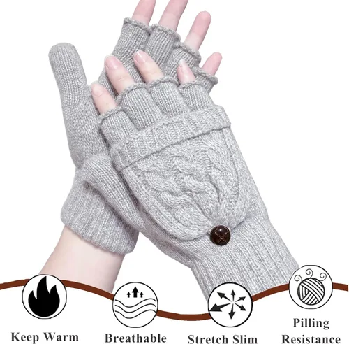 Miniatura 59 de Beurlike Guantes de invierno para mujer, de lana cálida, a prueba de viento, convertibles, sin dedos