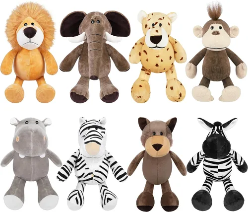 Miniatura 8 de Elcoho Juego de 8 animales de peluche de safari de 9.8 pulgadas, animales de peluche de zoológico, lindos juguetes de peluche para fiestas temáticas