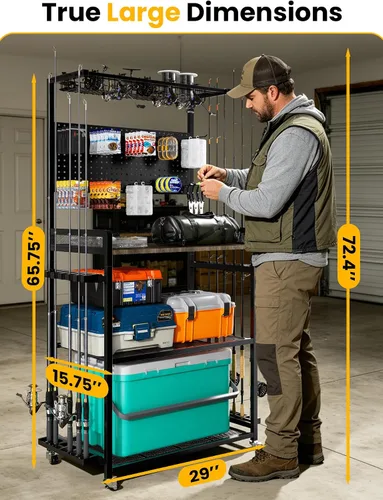 Miniatura 4 de SOYEEZE Soporte para caña de pescar para garaje, resistente soporte para caña de pescar de 4 niveles con capacidad para hasta 12 cañas con tablero