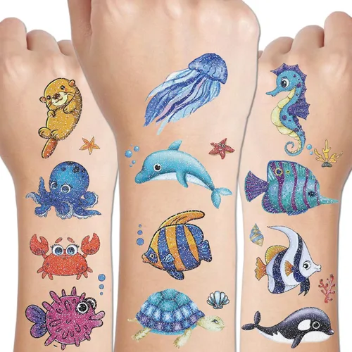 CHARLENT 120 estilos de purpurina bajo el mar criatura temporal tatuajes para niños suministros de fiesta – Tatuajes de criaturas marinas para niños