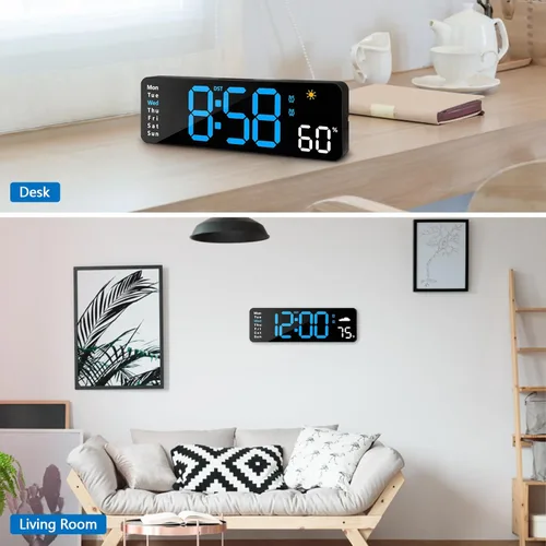 Miniatura 6 de Reloj de pared digital con control remoto para decoración de pared interior (azul) Large Display Plug in LED Digital Alarm Clocks with 12/24Hr