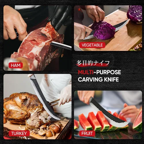 Miniatura 5 de Huusk Cuchillo de carnicero para cortar carne, cuchillos curvados de 10 pulgadas con mango de madera, cuchillos japoneses para rebanar pechuga