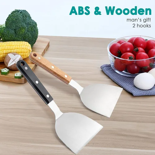 Miniatura 7 de HaSteeL - Juego de 2 espátulas de metal para plancha de acero inoxidable con asas de plástico ABS, herramientas profesionales para plancha