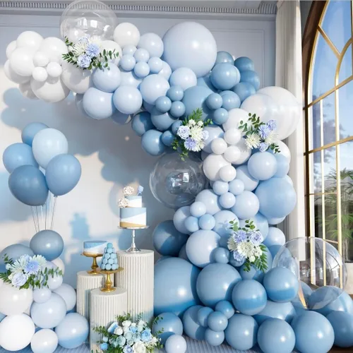 Kit de arco de globos de color azul polvoriento de 156 piezas de diferentes tamaños azul claro azul bebé y blanco y globos de látex transparente,