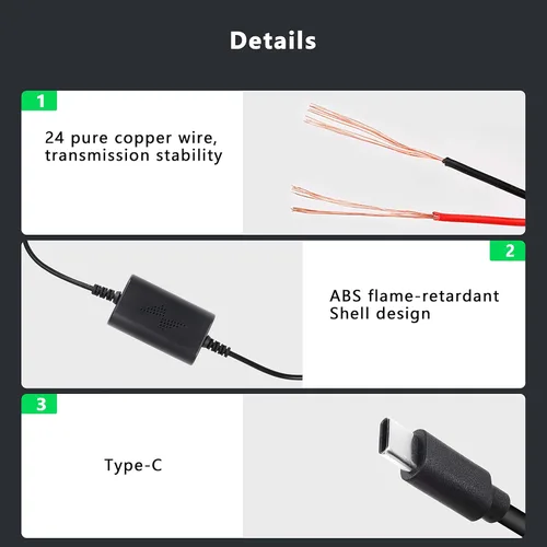 Miniatura 3 de XMSJSIY Kit de fusible de cámara para salpicadero, cable duro USB-C tipo C, convierte 12 V-36 V a 5 V/2.5 A, cable de alimentación para cargador DVR