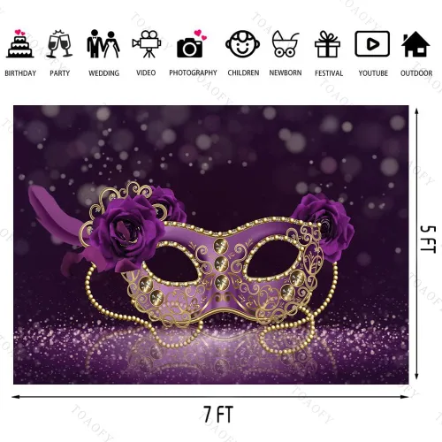 Miniatura 4 de TAYBYC133 TAYBYC133 - Máscara de fondo de fotografía de 7 x 5 pies, fondo de Mardi Gras, máscara morada para niñas y adultos, fiesta de máscaras