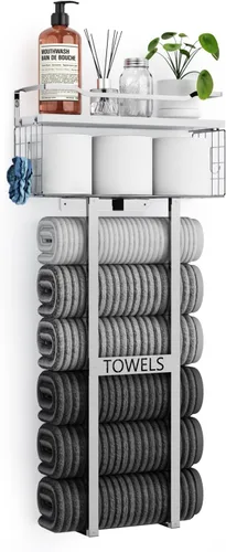 Miniatura 13 de Aetyord Toallero para Baño de 31 Pulgadas Montado en Pared, Estante Flotante con Tablero de Madera, Almacenamiento de Toallas para Baño que Puede