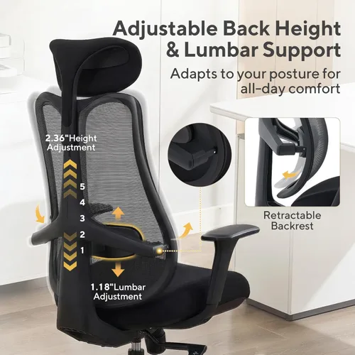 Miniatura 4 de Nouhaus Fluido - Silla de oficina ergonómica, silla de computadora de malla con respaldo alto y soporte lumbar ajustable en altura, respaldo y Negro
