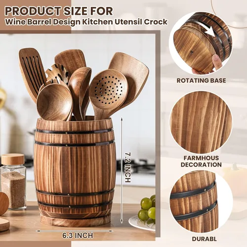 Miniatura 2 de Honeydak Soporte de utensilios de madera para encimera de cocina, diseño de barril de vino giratorio de 360°, organizador de recipiente