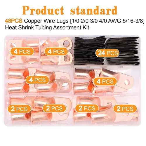 Miniatura 2 de 48 piezas de conectores de terminal de batería, extremos de cable, lengüetas de anillo de alambre de cobre con tubo termorretráctil de calibre AWG