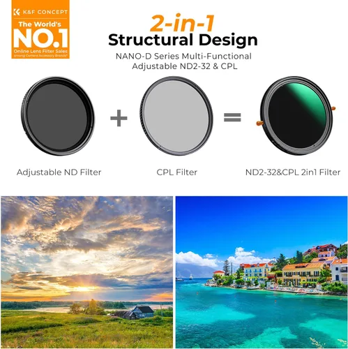 Miniatura 2 de K&F Concept 49mm Filtro Degradador Variable ND2-32 ND Y Filtro Polarizador Circular CPL De Lente De Cámara Impermeable Filtro De Densidad Neutral