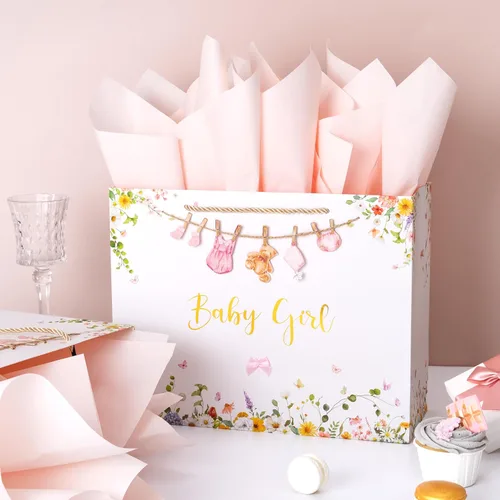 Miniatura 7 de Crisky Bolsa de regalo grande de 13 pulgadas para baby shower con papel de seda, tarjeta de regalo y lazo para decoraciones de baby shower, regalos