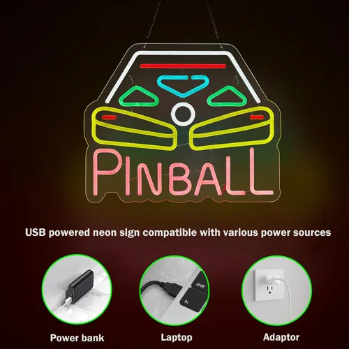 Miniatura 4 de Roouneon Pinball - Letrero de neón para decoración de pared con interruptor regulable, luz LED de neón