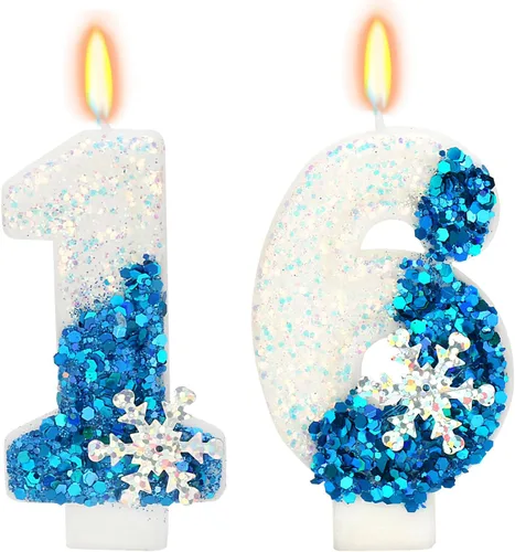 Miniatura 29 de Velas temáticas de cumpleaños de nieve congelada, vela de cumpleaños número 4 para suministros de fiesta, decoración de fiesta de cumpleaños Azul