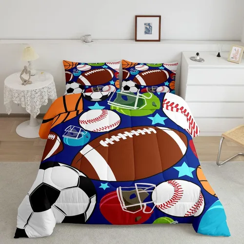 Miniatura 8 de jejeloiu Juego de edredón de béisbol para niños, tamaño individual, juego de ropa de cama de béisbol azul para niños, juego de ropa de cama
