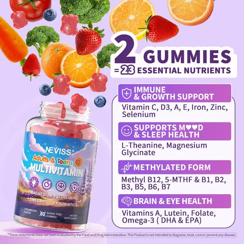 Miniatura 8 de NEVISS Gomitas multivitamínicas metiladas para adolescentes de 12 a 17 años con glicinato de magnesio, omega-3, L-teanina para adolescentes, niños