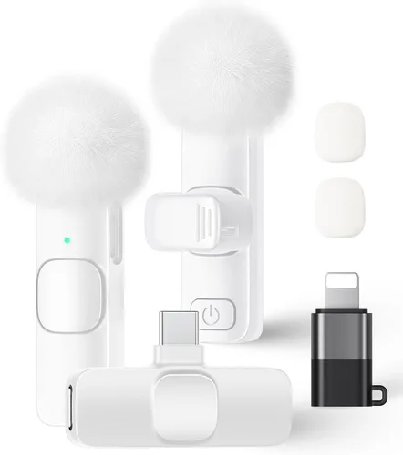 Miniatura 15 de Paquete de 2 micrófonos de solapa inalámbricos para iPhone, iPad y teléfono Android, micrófono de solapa Plug and Play, micrófono inalámbrico
