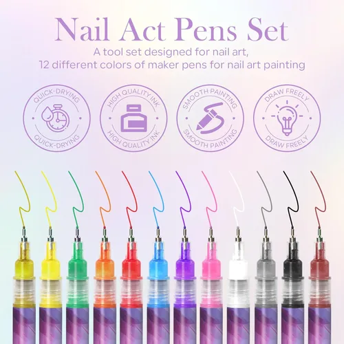 Miniatura 2 de Juego de 12 bolígrafos para arte de uñas, 0.020 in, de secado rápido, marcadores de pintura acrílica, para pintar, dibujar, pintar, puntos de uñas
